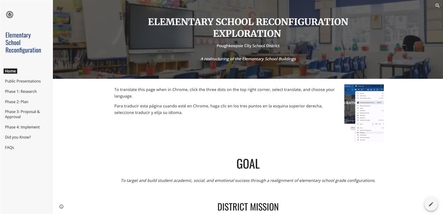  A screengrab of the homepage of the district's elementary restructuring site.